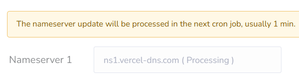 The Processing tag shown next to the nameservers