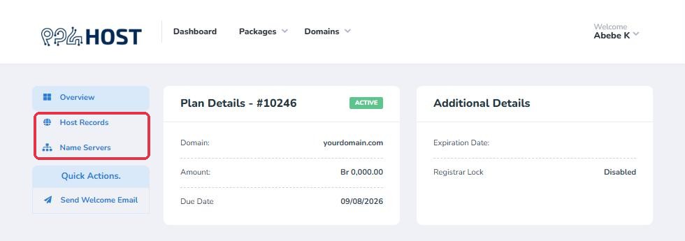 A domain page in the Yegara dashboard with the Host Records menu item highlighted