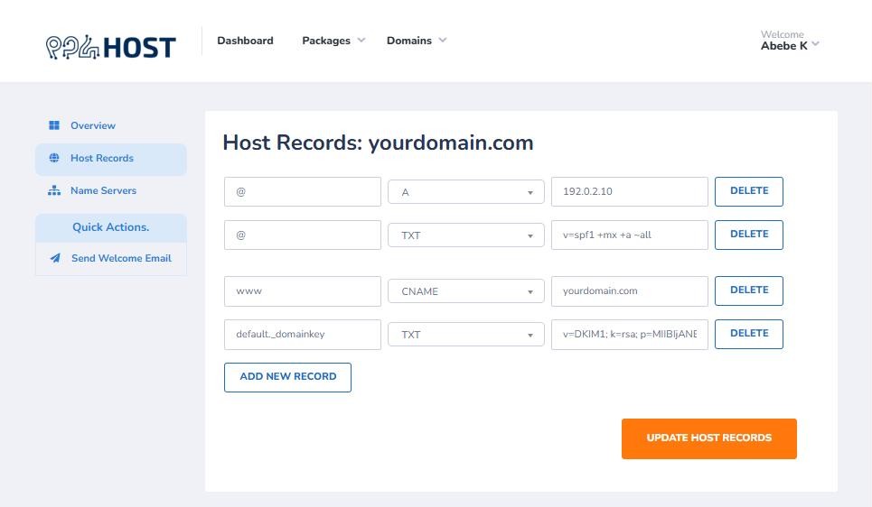 The Host Records page with A, TXT and CNAME records, the Add New Record button and the Update Host Records button
