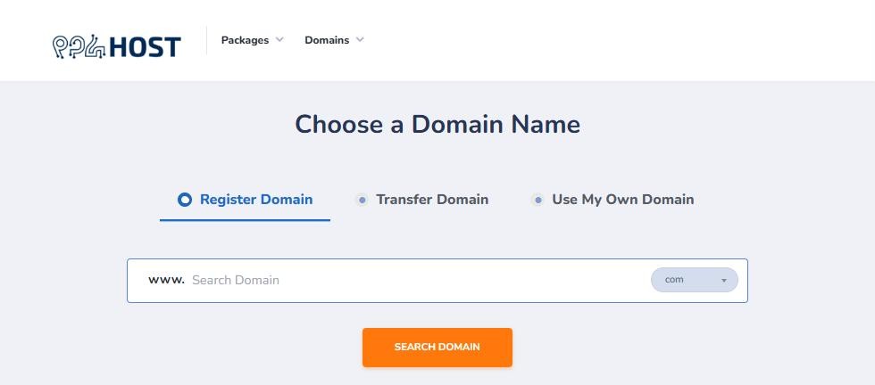 The Choose a Domain Name step of the Yegara order form with Register Domain, Transfer Domain and Use My Own Domain tabs