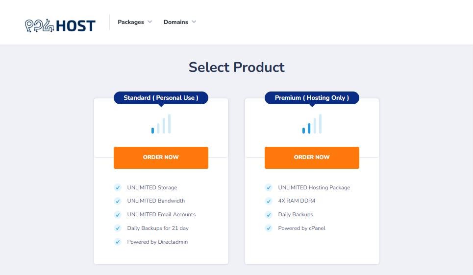 The Select Product step of the Yegara order form with Standard and Premium hosting