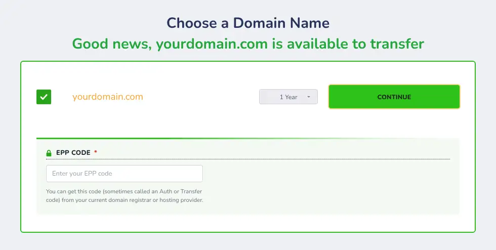 The EPP CODE field on the Yegara order form after the domain is found available to transfer