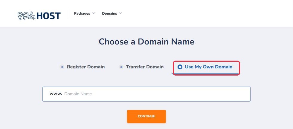 The Use My Own Domain tab of the Yegara order form